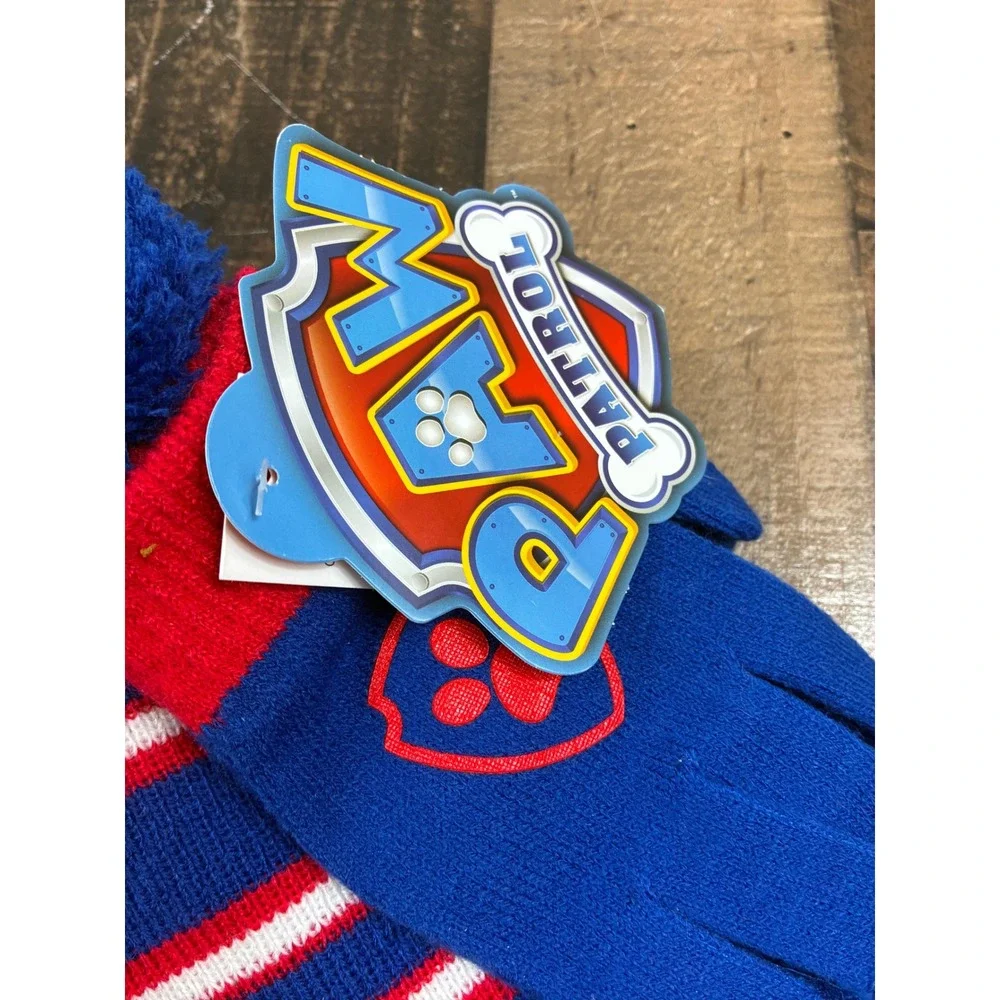 Paw Patrol Boys Blue Red Stripe Beanie Scarf Gloves Set Pawsome Nickelodeon NWT